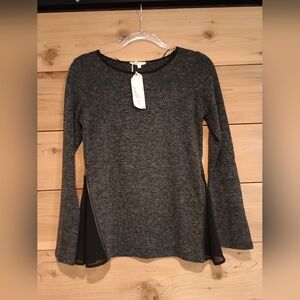 Mystree Ladies Small Black Gray Long Sleeve Sweater With Side Zippers NWT Ruffle